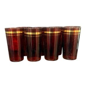 Set of 8 Ruby Red Gold‎ Trimmed Tumbler Glasses Tall Drinkware